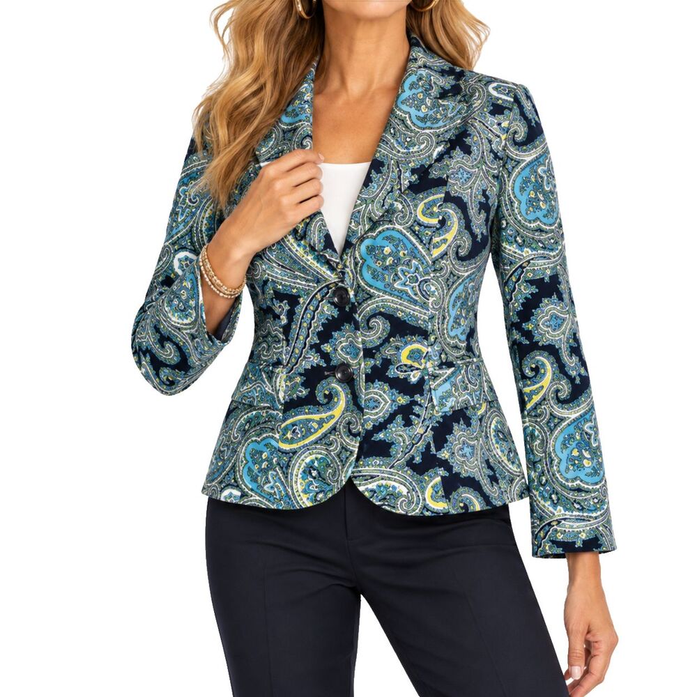Talbots Womens Blazer 8P Petite Blue Green Paisley Velvet Stretch Lined Jacket